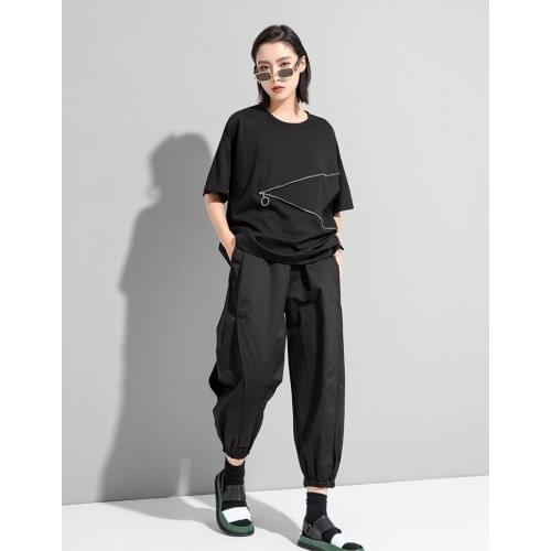 Fashion brand personalized zipper decoration fashion T-shirt womens street dark summer loose Casual Short Sleeve Top