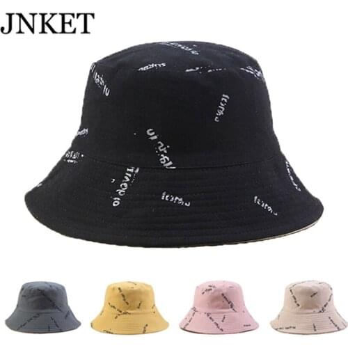 JNKET Fashion Women Letters Printing Bucket Hat Floppy Sun Hat Fisherman Cap Foldable Cotton Beach Hat Travel Sunbonnet Cap