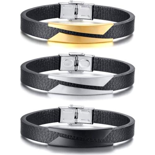 Fashion Men Bracelets Geometric Stainless Steel Slanted Sheet Bent Brand Microfiber Genuine Leather Cuff Bracelet Male Jewelry