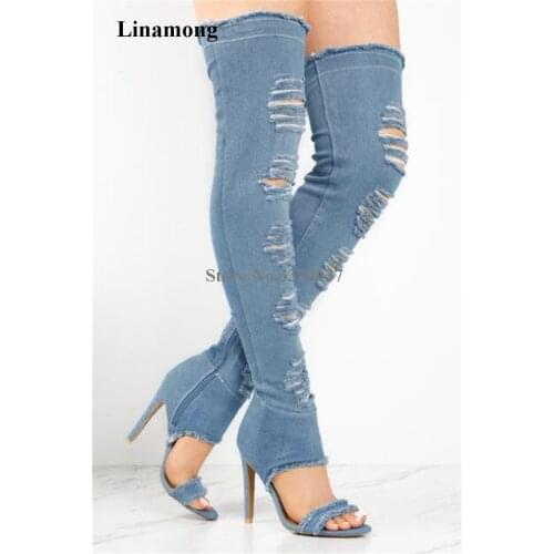 2018 Spring Summer New Fashion Open Toe Denim Over Knee Gladiator Boots Cut-out Thigh Long High Heel Jean Boots
