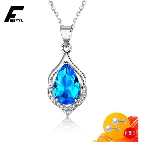 BaliJelry Luxury Charm Necklace Water Drop Sapphire Zircon Gemstone Pendant 925 Silver Jewelry Accessories for Women Wedding