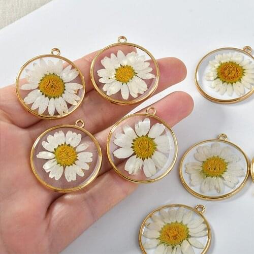 True Dry Daisy Flower Resin Charms 20pcs/Lot 30mm Round Fashion Earring Ornament Accessoires Necklace Pendant Craft