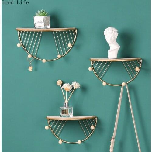 Wrought Iron Semicircular Partition Storage Shelves With Hooks Potted Ornament Holder Wall Decorative Racks