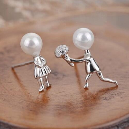 Silver Plated Asymmetric Pearl Stud Earrings Romantic Cartoon Character Proposal Stud Earrings Womens Wedding Jewelry Gifts