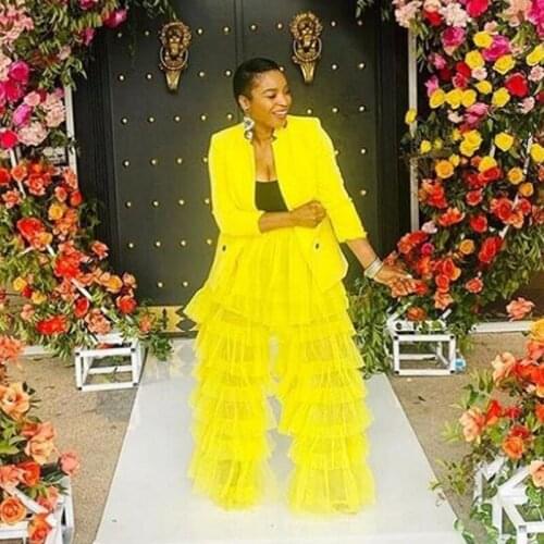 Puffy Long Pants Tiered High Waist Layered Tulle Women Pants Yellow Party Outfit Bright Fashion Party Night Gown Custom Made