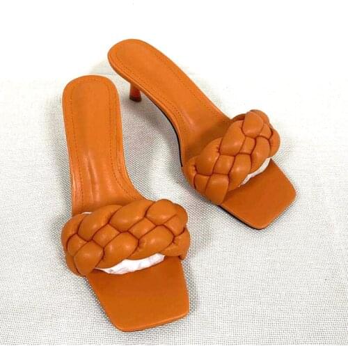 New New Women Stiletto Trendy Woman Sandals Vogue Summer Thin High Heels Shoes Comfort Solid Weave Color Female Luxury Slides