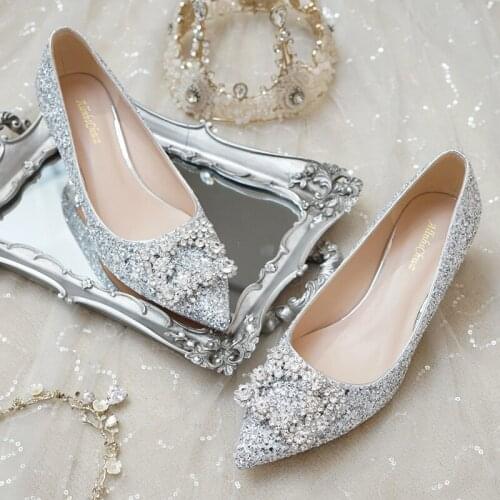 Wedding shoes womens rough heel new winter pregnant women can usually wear annual sequin white wedding dress crystal shoes
