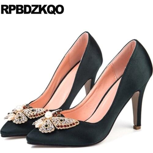 Pointed Toe Rhinestone Bride Shoes Low Satin Women 12 44 Crystal 10 42 Heels Bridal High Green Big Size Kitten Pumps Discount 34