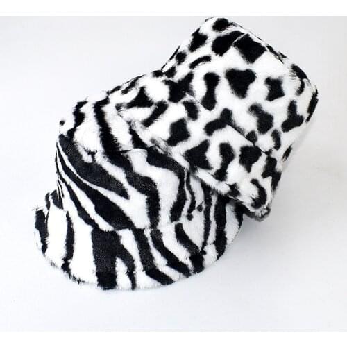 Leopard Zebra Pattern Flat Top Collapsible FishermanS Hat Korean Version Plush Keep Warm Women Basin Cap Fishing Hat