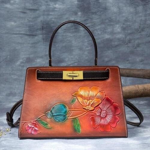 Vintage Elegant Women Bag 2021 Summer Floral Genuine Leather Handbag Handmade Embossed Large Capacity Shoulder Bags Sac A Main