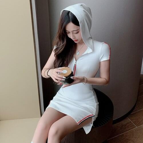 WOMENGAGA 2021 Korea Summer New Sexy Body Hooded Tight Thin Skinny Hip T Shirt Mini Hot Sexy Dress Short Sleeve Dresses 2HZ0