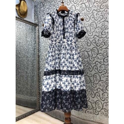100%Cotton Womens Summer Dress 2021 Fashion Clothes Ladies Vintage Floral Print Embroidery Short Sleeve Mid-Calf Dress Casual