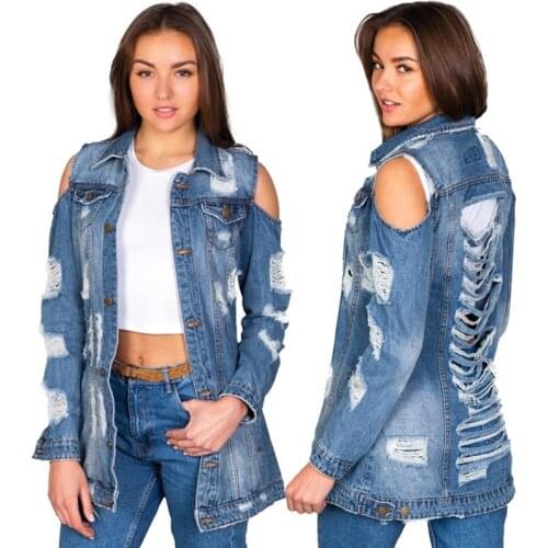 Womens Casual Blue Ripped Cut Out Cold Shoulder Denim Coat