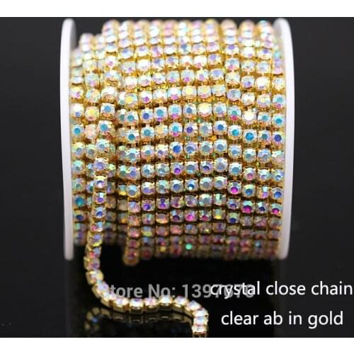 1Yards/lot ss6-ss18 dense Crystal ab in gold plated base close rhinestone Cup chain for clothing ornament accessories dress
