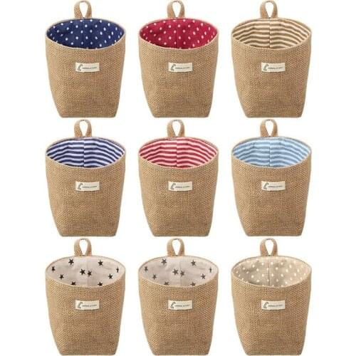 9 Pieces Mini Wall-Hanging Storage Bags Cotton Linen Foldable Storage Basket Box Decorative Hanging Bag