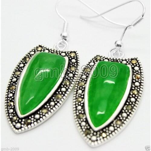925 STERLING SILVER NATURAL GREEN JADE QUARTZITE STONE MARCASITE DANGLE DROP EARRINGS