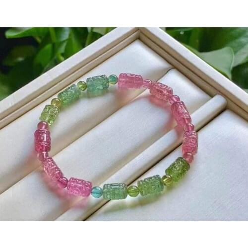 6mm Natural Brazil Tourmaline Quartz Gemstone AAAAA Clear Crystal Round Beads Carved Bracelet