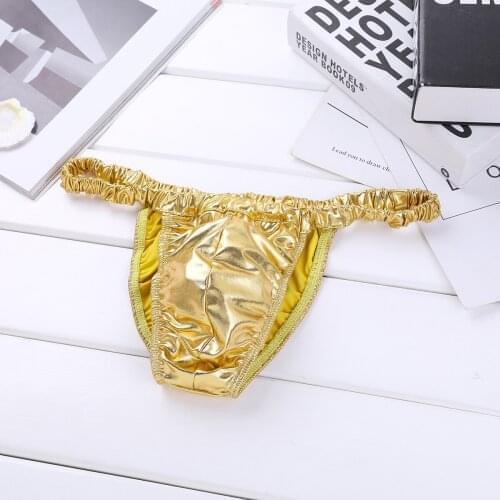 Men Briefs Sexy Lingerie Bikini Shinny Silver Gold Faux Leather Spandex Rubber Underwear Latex Gay Underpants Low Waist Panties