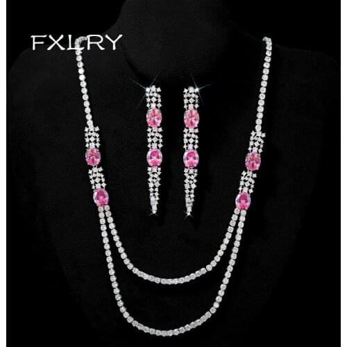 FXLRY High Quality Pink Cubic Zirconia Geometry Long Earring and Stacking Necklace for Women Wedding Fashion Jewelry Set