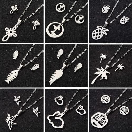 Hfarich Stainless Steel Bunny Necklace Set Flower Tree Jewelry Sets Women Fish Bird Wing Statement Necklace Earrings 2021