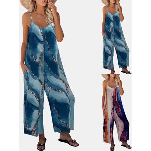 Overalls Female Summer Jumpsuits 2021 Womens Casual Landscape Print Sleeveless Wide Leg Plus Size Sexy Jumpsuit With Pocke