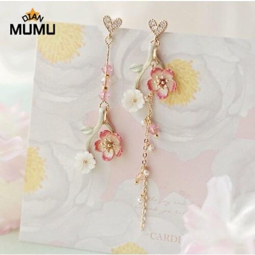 Korean Vintage Metal Long Dangle Pink Flower Earrings For Women Girls Brincos Temperament pendientes mujer Jewelry