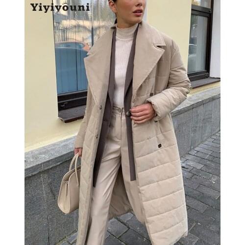 Yiyiyouni Autumn Winter Belted Long Cotton Padded Jackets Women Covered Buttons Casual Outerwear Thick Parkas Female Snow Coat