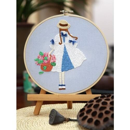Girl with Flower DIY Embroidery Kit Pattern Printed Cross Stitch Embroidery Hoop Needlework Sewing Art Painting Home Decor