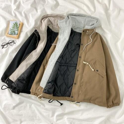 2021 New Fake Two-piece Quilted Thick Tooling Padded Jacket Women Winter Loose Hooded Explosion Style Padded Jacket Fashion