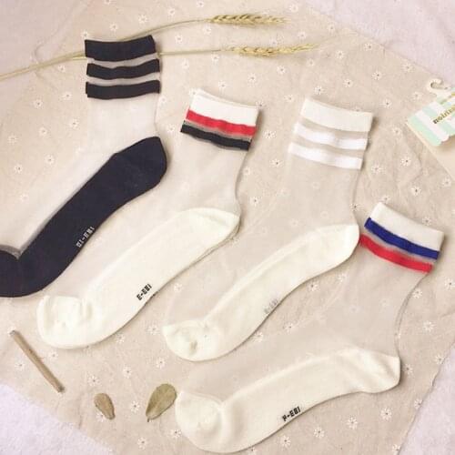2021New Fashion Black White Glass Cotton Silk Womens Socks Transparent Thin Solid Color Crystal Ladies носки casual Small fres