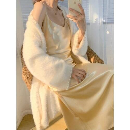 Hstar Spring Autumn Mid-length Women Plush Knit Cardigan Lazy Wind Temperament Sweater Pearl Accessories Long Sleeve Cardigan