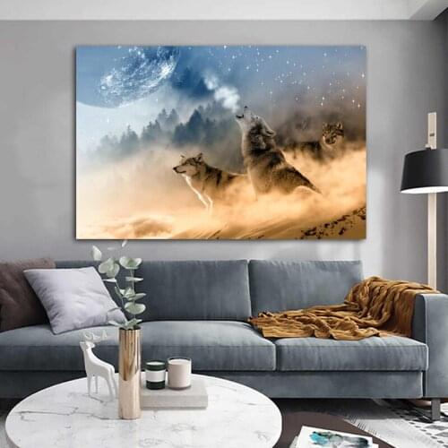 Modern Decorative Pictures Wolf Roaring To Moon Animal Painting Canvas Printed For Living Room Painting Art Print