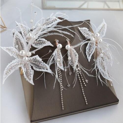 Bridal Lace Pearl Feather Flower Hair Clip Floral Style Barrette Bride Hair Earrings Jewelry Bridesmaid Wedding Hair Accessories