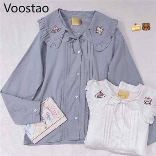 Sweet Lolita Style Blouses Women Cute Peter Pan Collar JK Shirts Japanese Girls Cake Bear Embroidery Long Sleeve Blusas Mujer