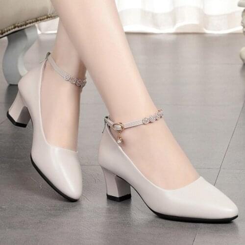 Women Shoes Middle Heels Soft PU Leather Pointed Toe Pumps Thick Heel Lady Trendy Leather Shoes