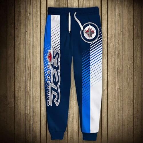Winnipeg mens casual Jets sports pants Blue and white stripes stitching cartoon airplane print sweatpants