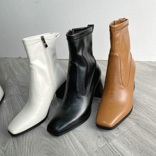 Clearance-Sale Brand Design Faux Leather Stretch Boots Women Fashion Zipper Thick Heel Shoes Women Black Brown Beige Ankle Boots