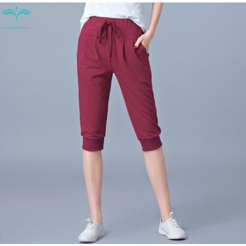 OUMOWEI Womens Cropped Trousers 2018 New High Waist Stretch Sports Pants Thin Section Loose Harem Pants Casual Pants Beam Pants