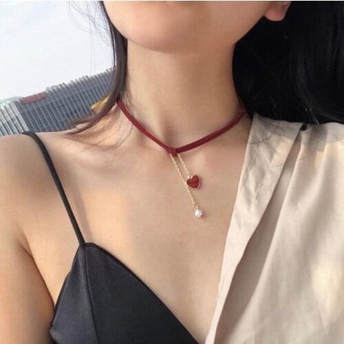 Sexy Gothic Love Heart Pendant Buckles Choker Red Leather Collarbone Choker Bib Necklace For Women Lady Girls