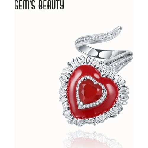 GEMS BEAUTY 925 Sterling Silver Rings Heart Cut Natural Red Agate Handmade Adjustable Open Rings For Women Anniversary Gift