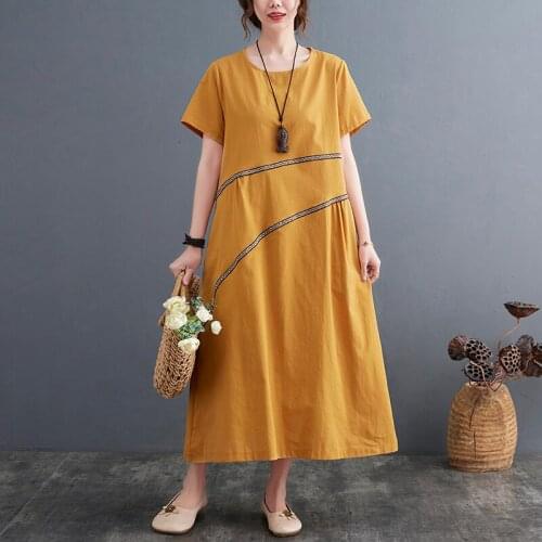 2021 New Arrival Short Sleeve Loose Summer Dress Cotton Linen Office Lady OL Work Dress Fashion Women Travel Casual Midi Dress