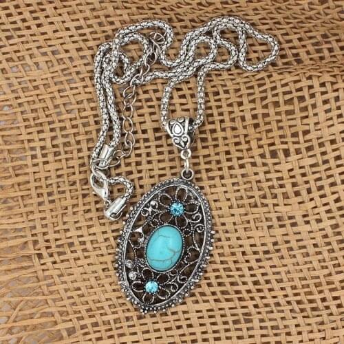 Bohemia Hollow Flowers Turquoises Gem Stone Pendant Clavicle Long Chain Women Necklace