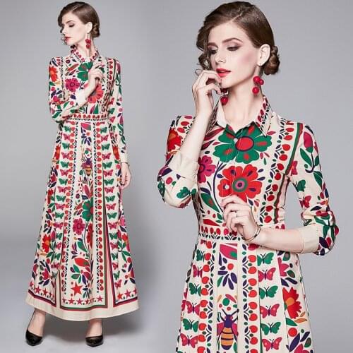 England Style New Designer Runway Shirt Dress Spring Autumn High Quality Floral Print Long Sleeve Slim Floor Length Maxi Dress