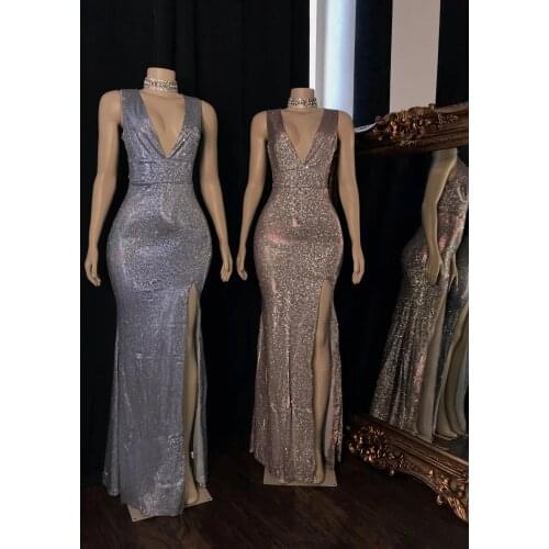 2021 Glitter Mermaid Prom Dresses Long Sparkly V Neck High Split Side Open Back Formal Evening Party Gowns Robe De Soiree