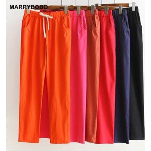 Women High Waist Pencil Pants Autumn Summer Cotton Linen Elastic Waist Trousers 2021 Casual Korean Solid Harem Pants