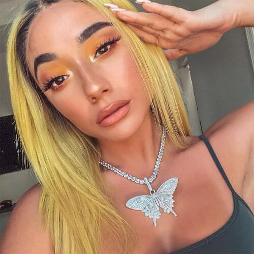 Cubic Zirconia Paved Bling Ice Out Butterfly Pendants Necklaces CZ Tennis Chain for Men Women Hip Hop choker Jewelry SP05