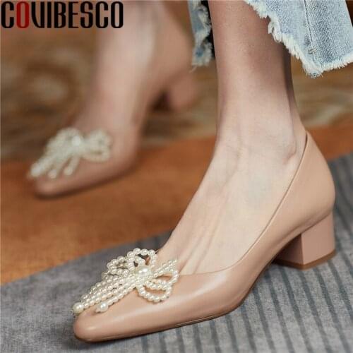 COVIBESCO 2021 Wedding Party Office Women Pumps Spring Summer String Bead Genuine Leather High Heels Elegant Fashion Shoes Woman