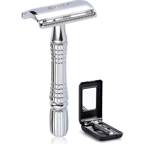 Double Edge Safety Razor Wet Shaving for Men Women with Platinum Blade and Mirrored Travel Case