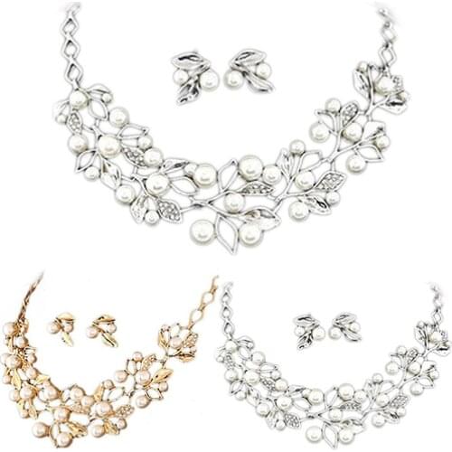 Elegant Bridal Faux Pearl Leaves Choker Necklace Stud Earrings Jewelry Set Beads Jewelry Sets For Women