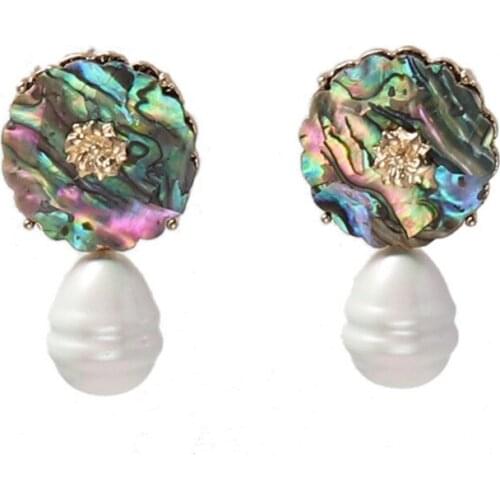 FYSL Light Yellow Gold Color Geometric Shape Abalone Shell Stud Earrings for Women with Pearls Jewelry